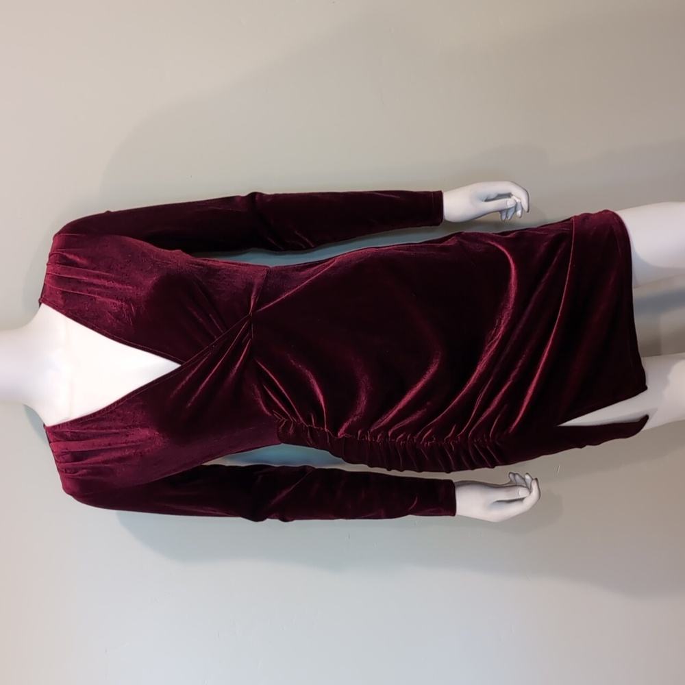 SHEIN Maroon Velvet Long Sleeve Ruched V Neck Mini Dress Size Small